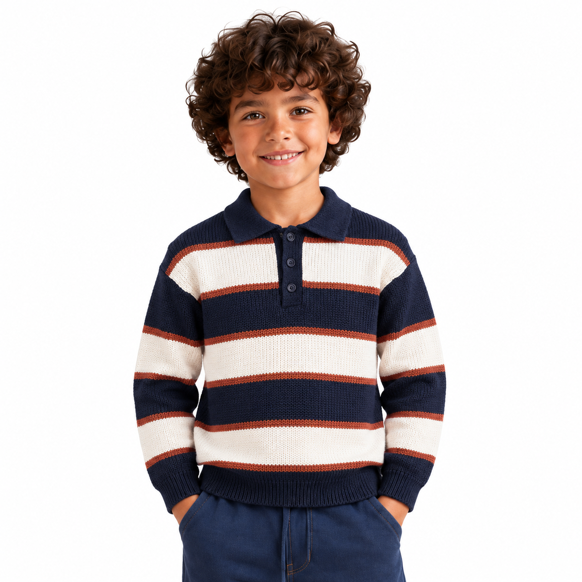 Boy wearing Striped Knit Polo Pullover in Navy - model photo