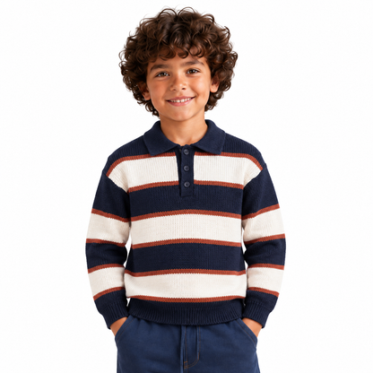 Boy wearing Striped Knit Polo Pullover in Navy - model photo