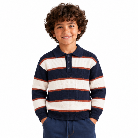 Boys' Striped Knit Polo Pullover in Navy on a model