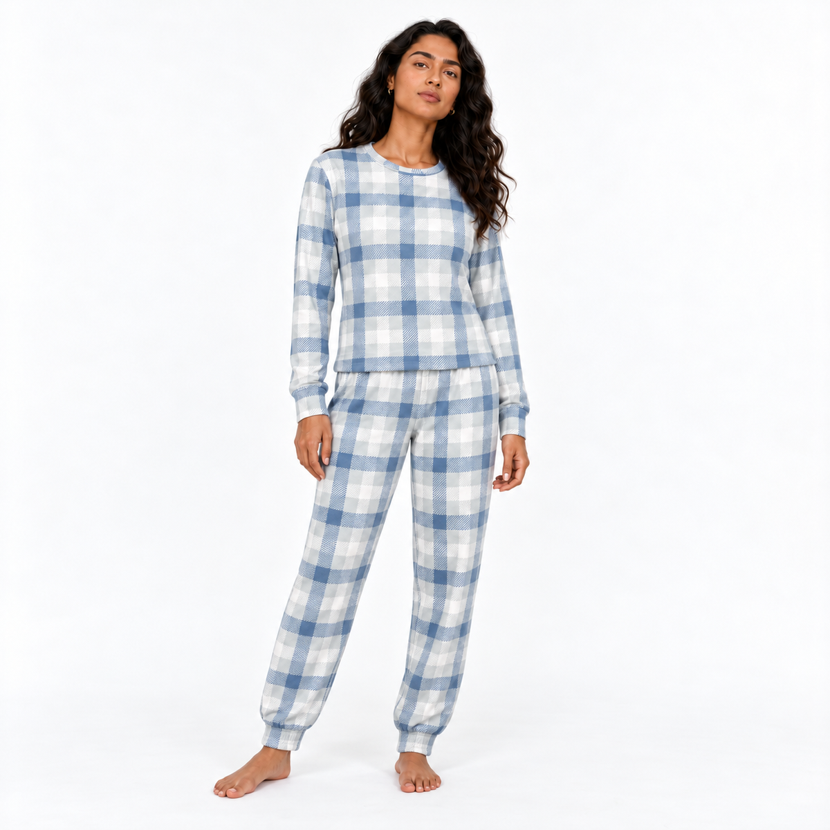 Women's checked pajama set with cuffed pants | بيجامة نسائية كاروه ببنطلون بكُف