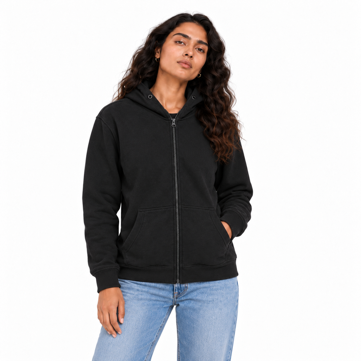 Teddy Fleece Zip Hoodie black on female model