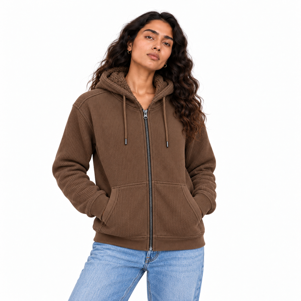 Teddy Fleece Zip Hoodie brown on female model
