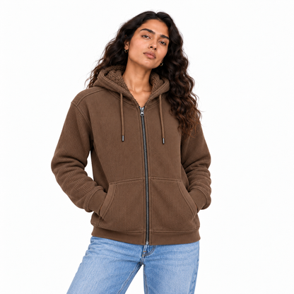 Teddy Fleece Zip Hoodie brown on female model