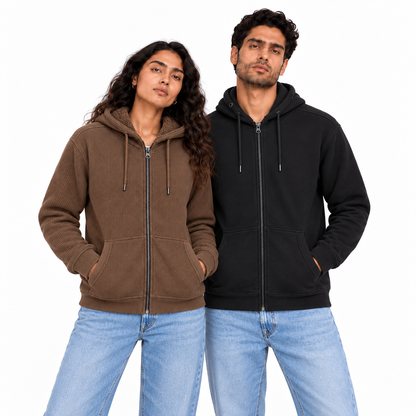 Teddy Fleece Zip Hoodie in brown and black on female and male models