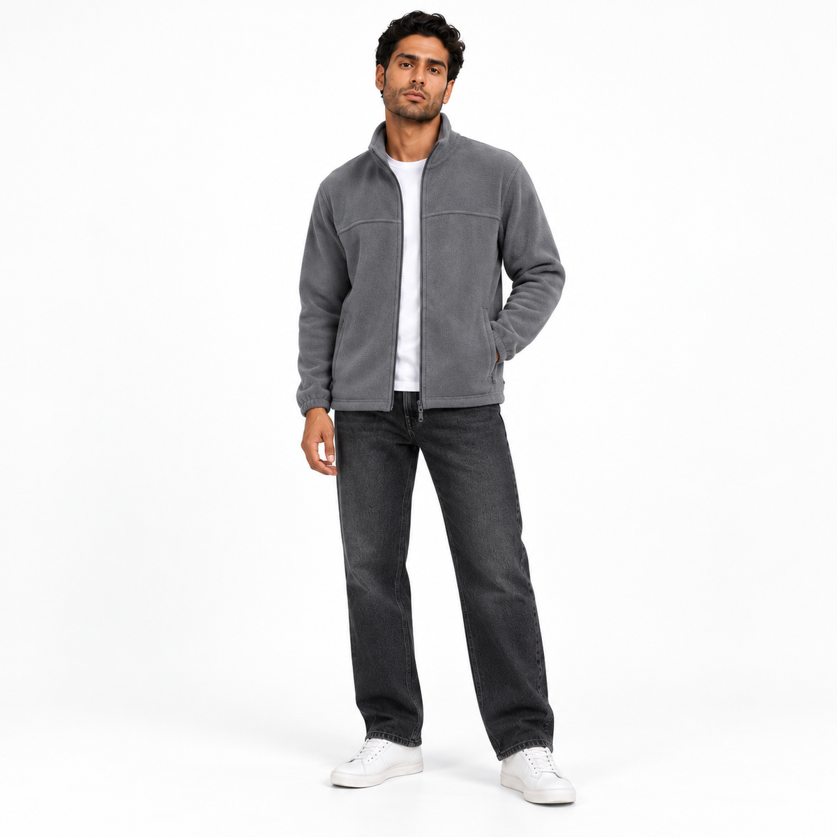 Men's gray full-zip fleece jacket 26272201 on model