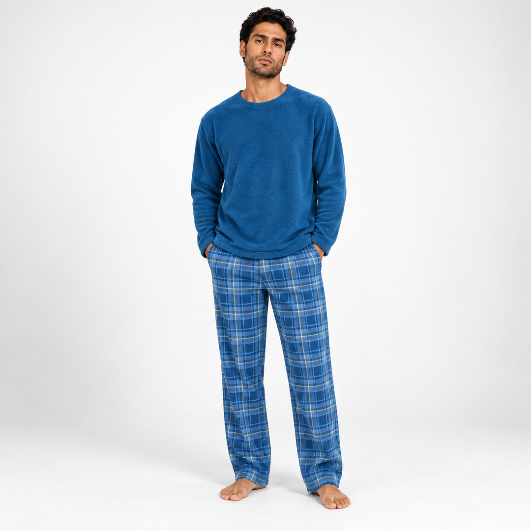 Men’s Fleece Pajama Set with Check Pants – 26272203