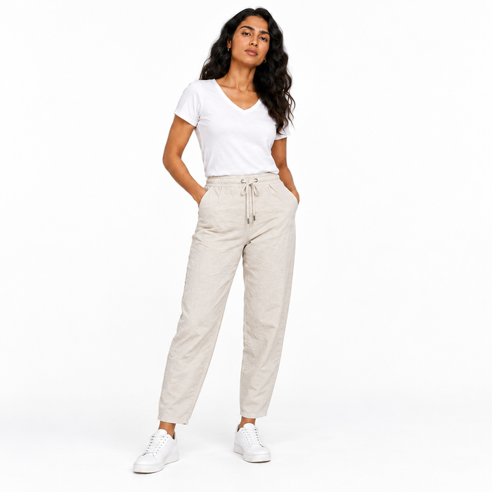 Women's beige drawstring pants 26422101 on model
