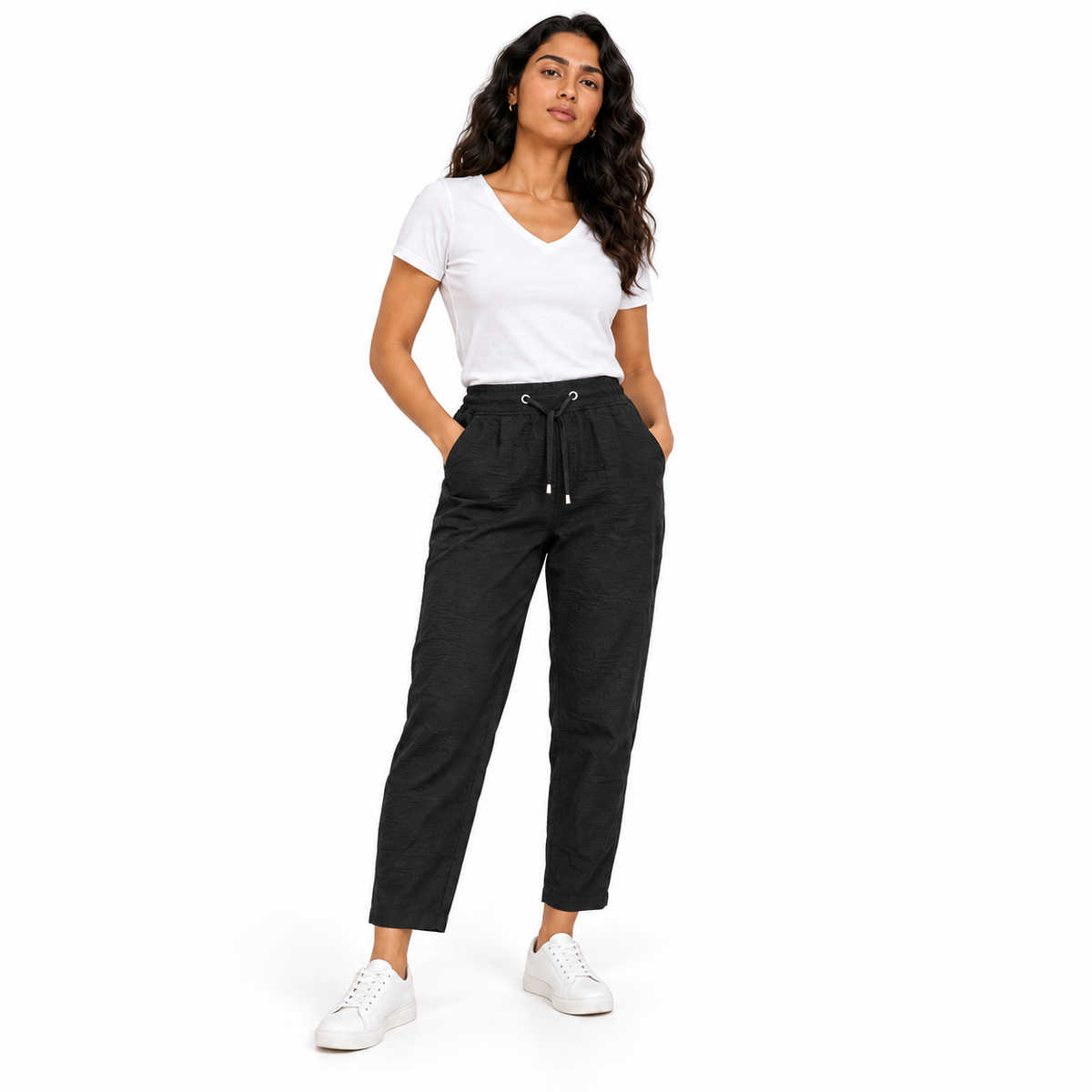 Women's black drawstring pants 26422101 on model