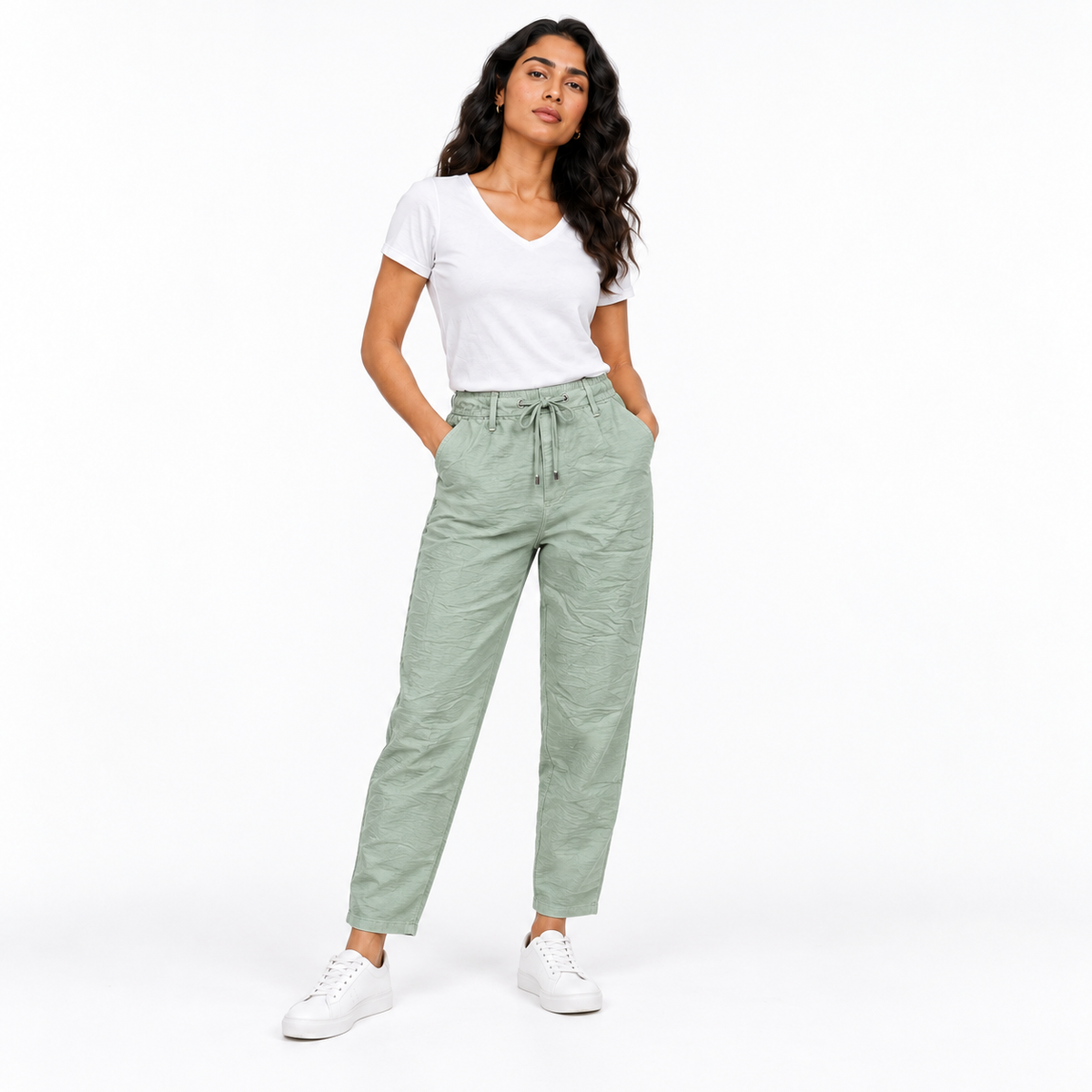 Women's mint drawstring pants 26422101 on model