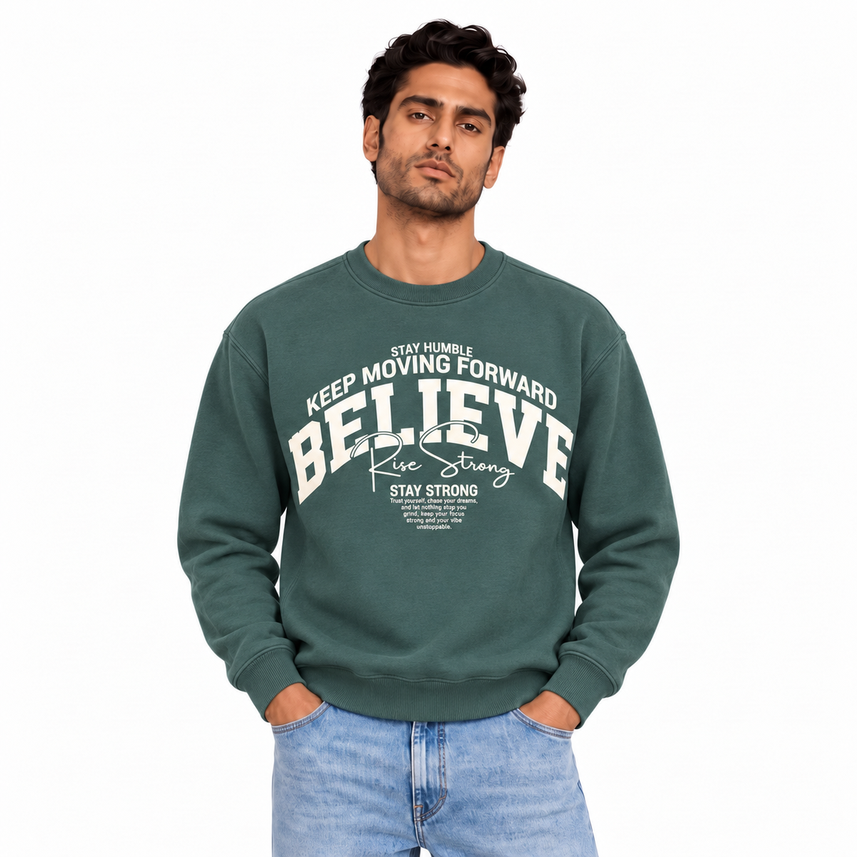 Men's Believe Graphic Crewneck Sweatshirt | 26612203 - KHAKI model image