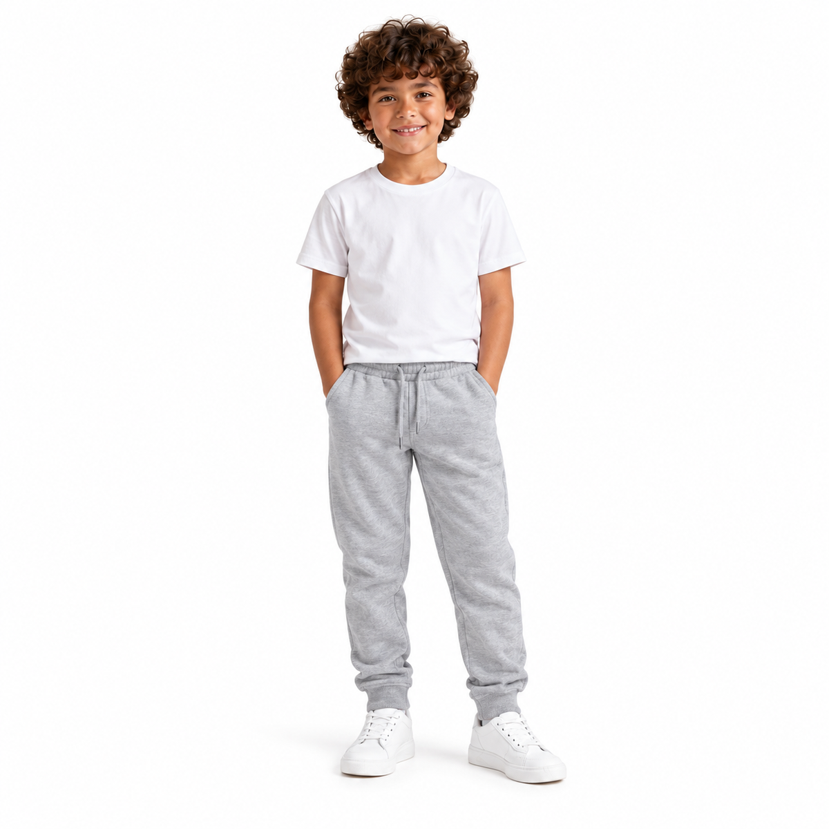 Boy wearing Jogger Sweatpants in Light Gray - model photo