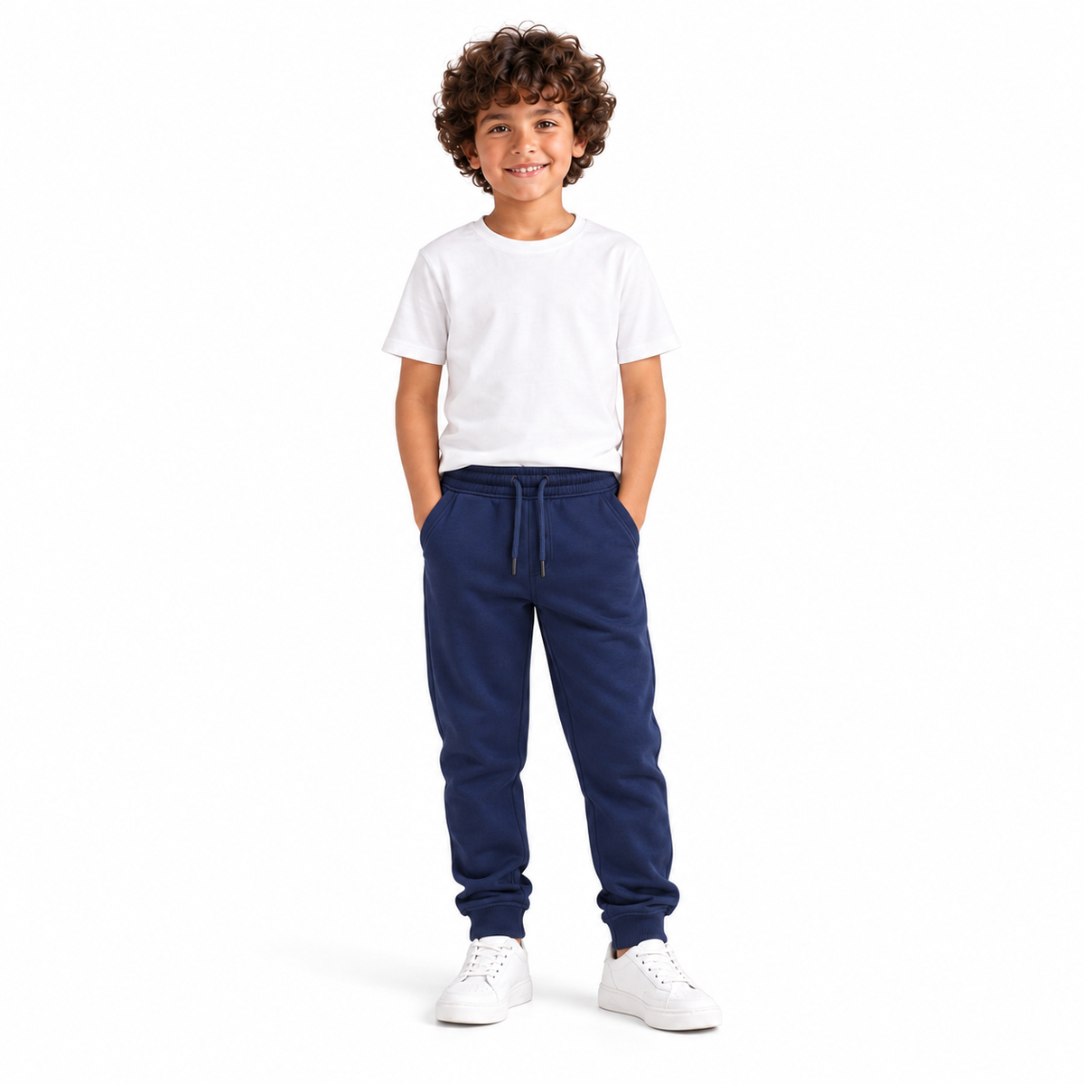 Boy wearing Jogger Sweatpants in Navy - model photo