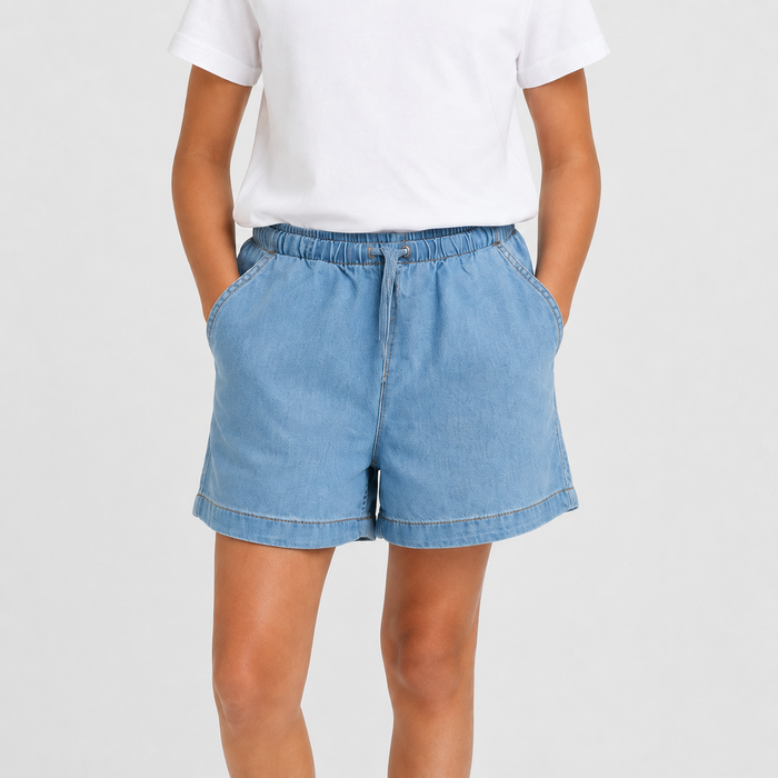 Girls steel blue denim shorts cropped product view