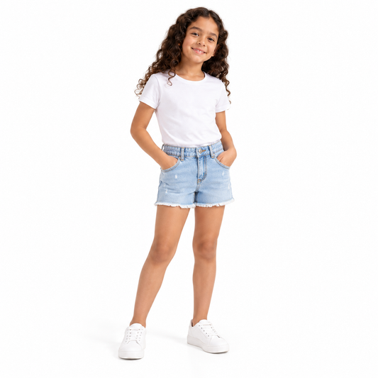 Girl wearing sky blue frayed denim shorts on white background
