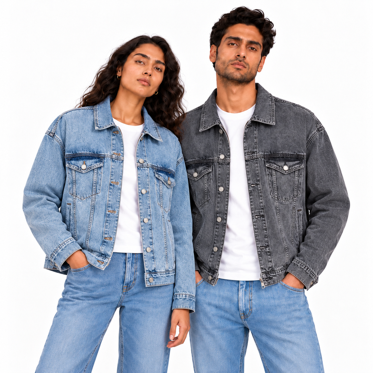 Washed denim jacket on female and male models in sky blue and dark grey | جاكيت جينز على موديل بنت وولد
