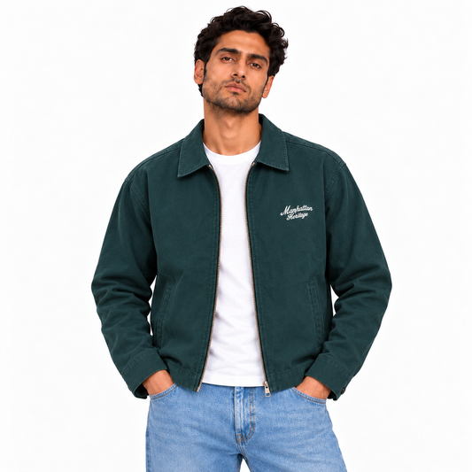 Men's dark green embroidered zip-up jacket | جاكيت رجالي أخضر غامق بسوستة وتطريز