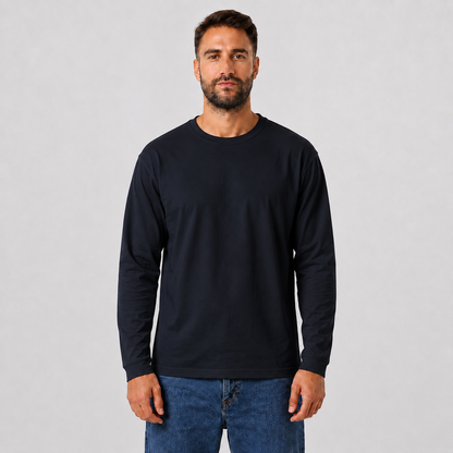 Man wearing a BLACK plain long-sleeve crew-neck T-shirt, front view