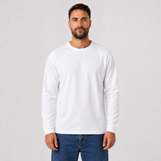 Man wearing a WHITE plain long-sleeve crew-neck T-shirt, front view