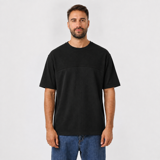 Men's black ribbed panel T-shirt on model