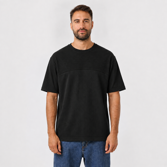 Men's black ribbed panel T-shirt on model