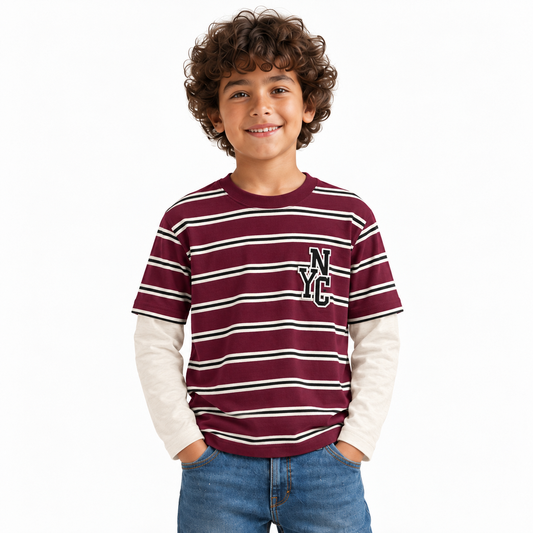 Boys dark red striped long sleeve T-shirt on model