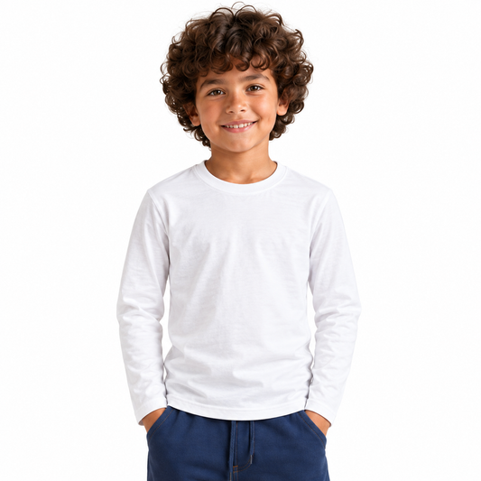 Boys' Long Sleeve Crew Neck T-Shirt in WHITE on a model