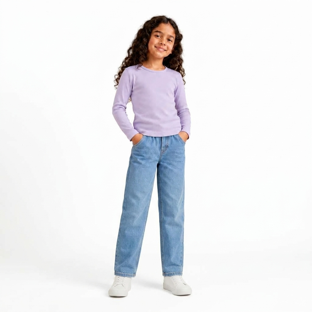 Girls’ plain ribbed long-sleeve T-shirt in VIOLET on white background