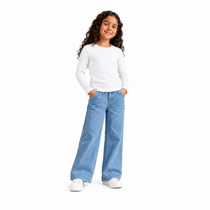 Girls’ plain ribbed long-sleeve T-shirt in WHITE on white background