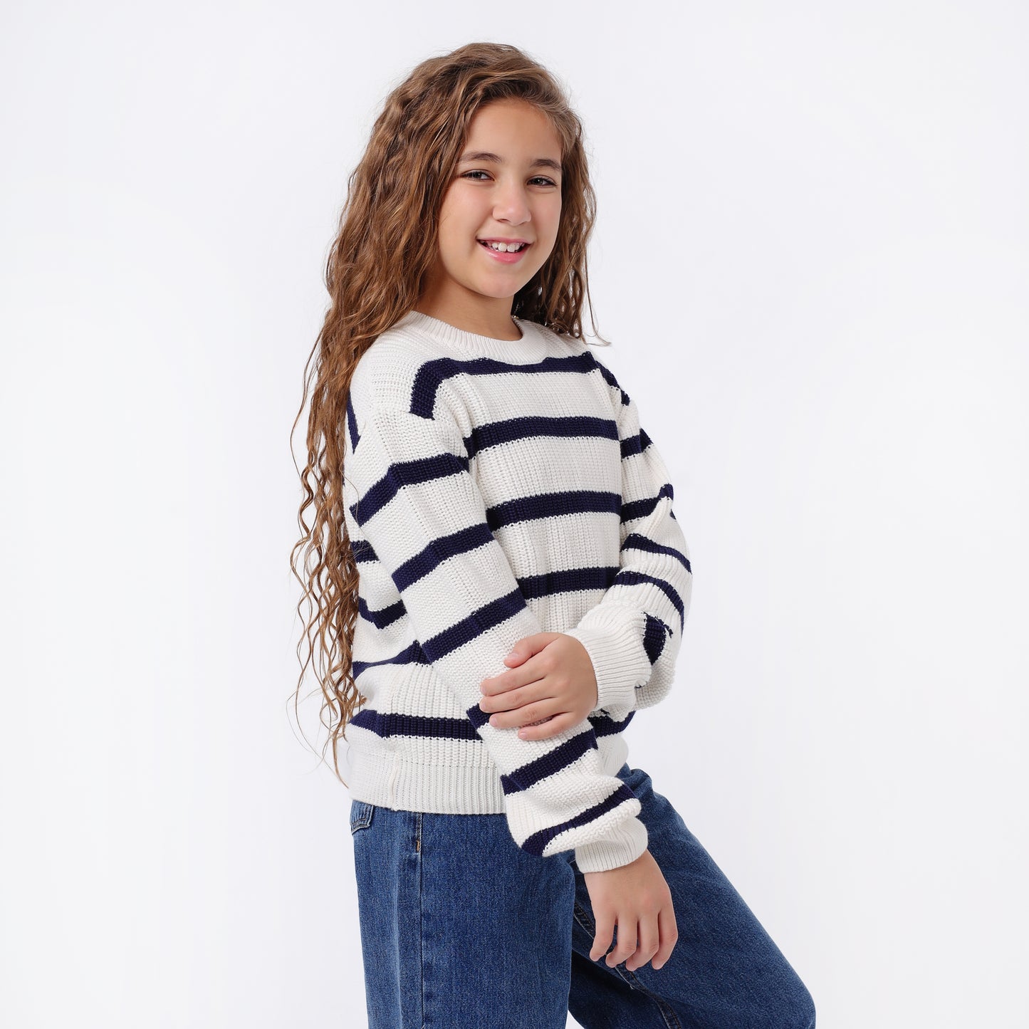 Girls Striped Crew Neck Knit Sweater