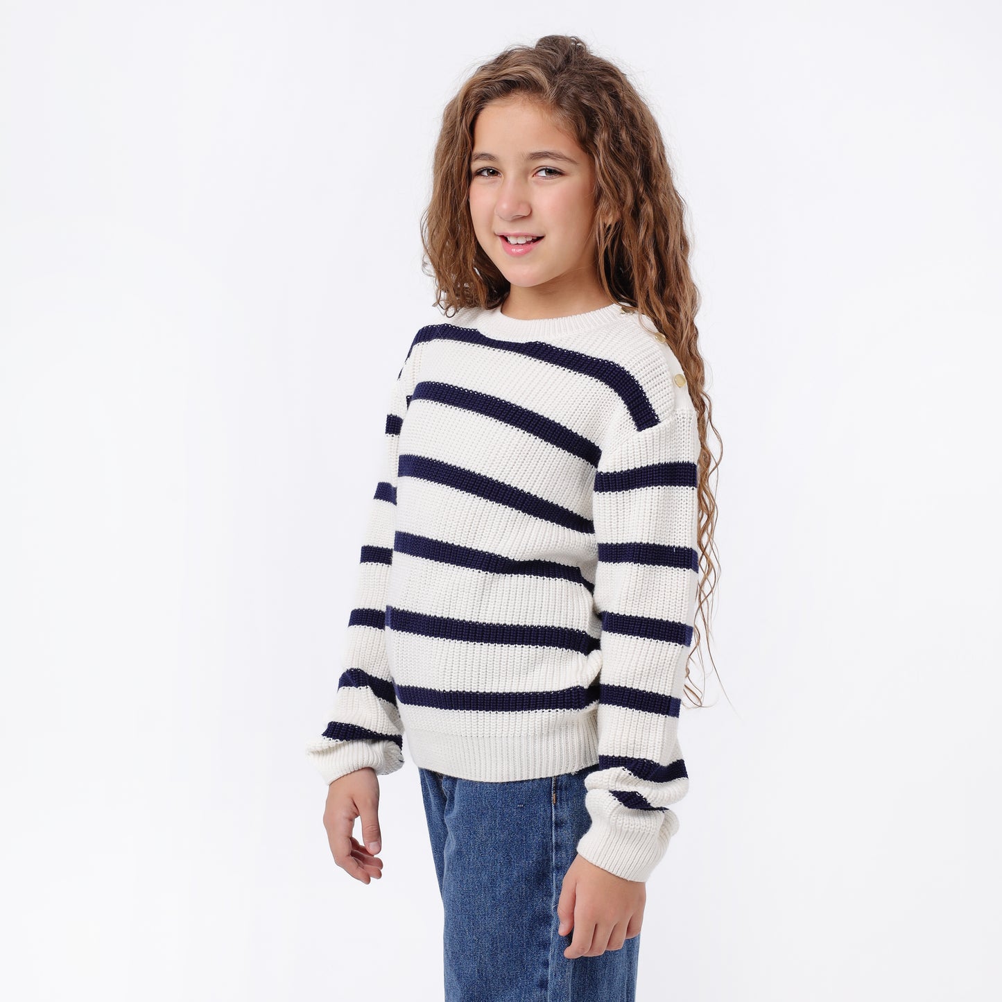 Girls Striped Crew Neck Knit Sweater