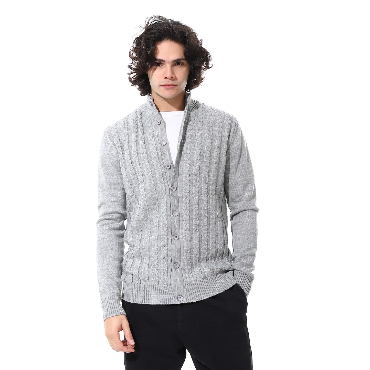 Button-Down Wool Cable Knit Cardigan
