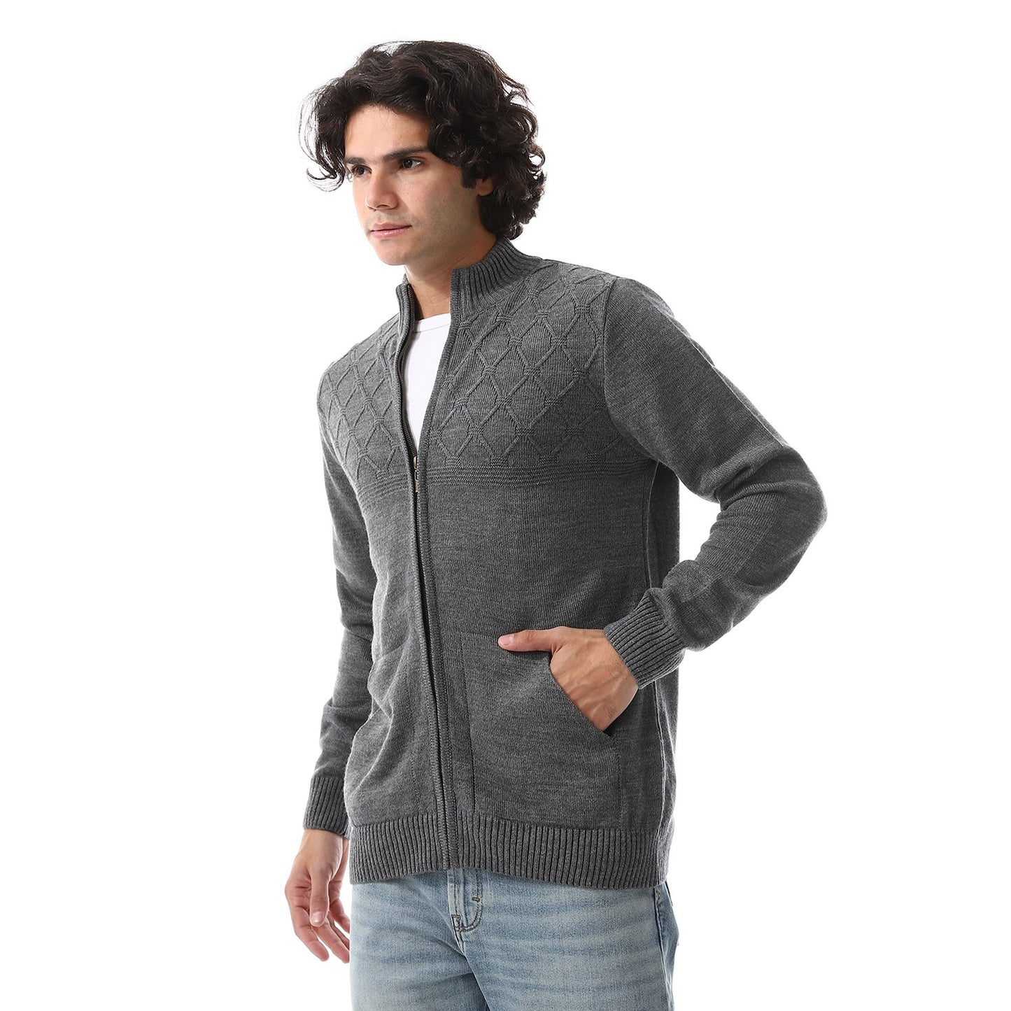 Men Zip-Up Wool Knit Cardigan