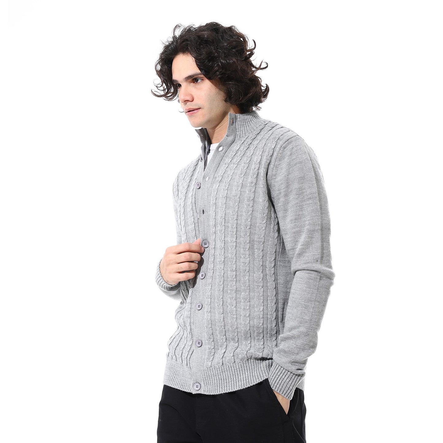Button-Down Wool Cable Knit Cardigan