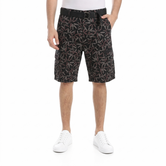 Men wearing gabardine cargo shorts with multiple pockets and belt