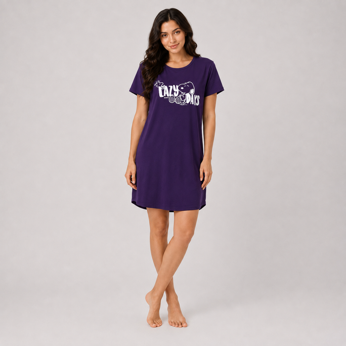Women’s violet printed short sleeve sleeping dress - view 1