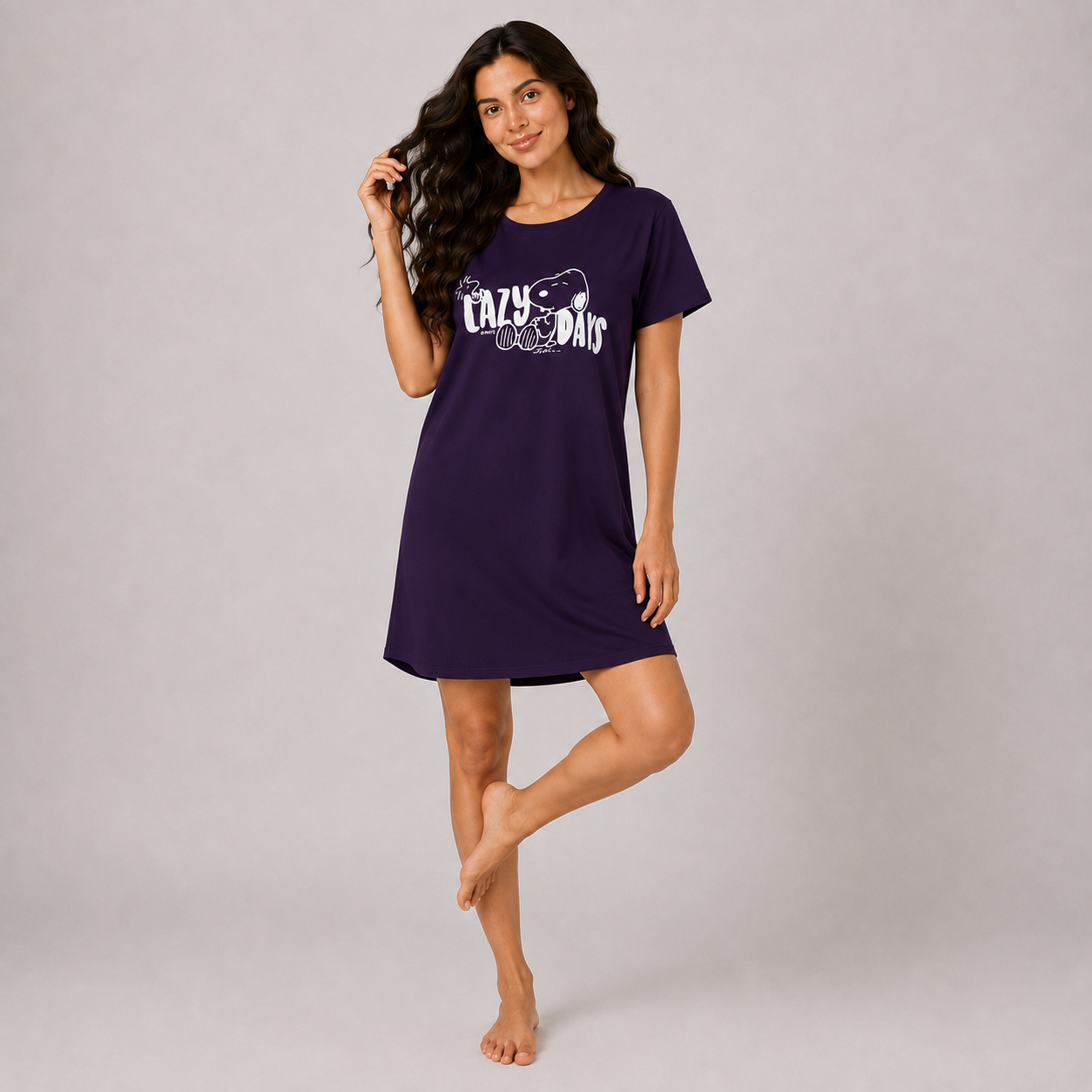 Women’s violet printed short sleeve sleeping dress - view 2