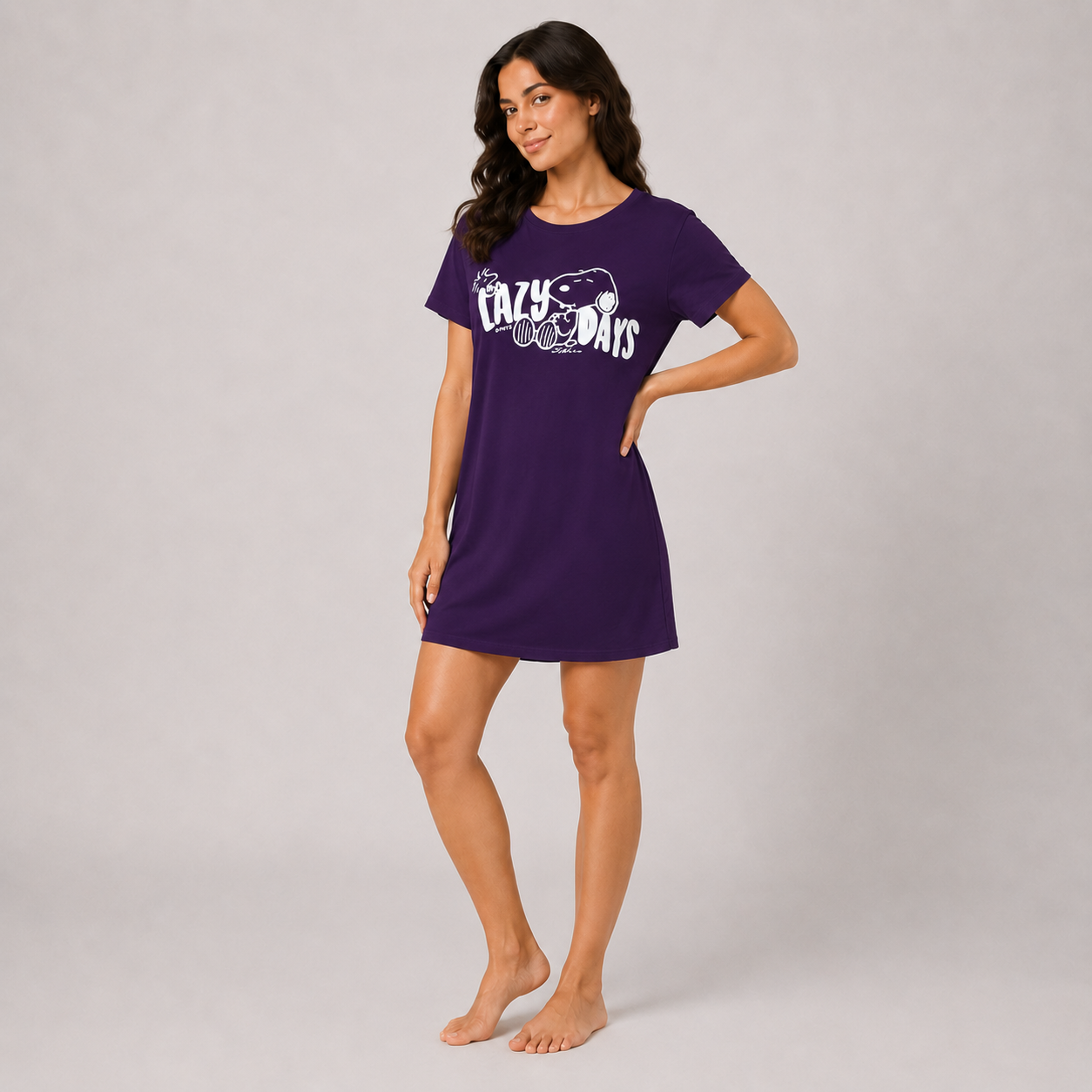Women’s violet printed short sleeve sleeping dress - view 3