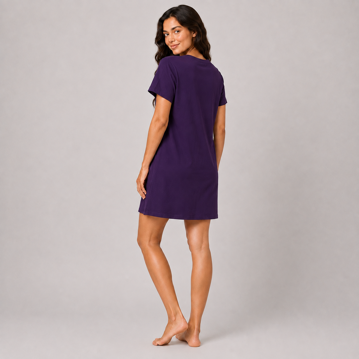 Women’s violet printed short sleeve sleeping dress - view 4