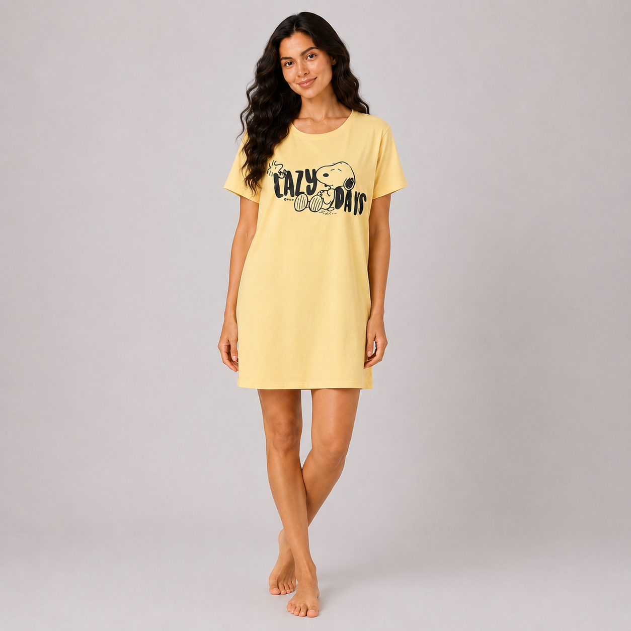 Women’s yellow printed short sleeve sleeping dress - view 1