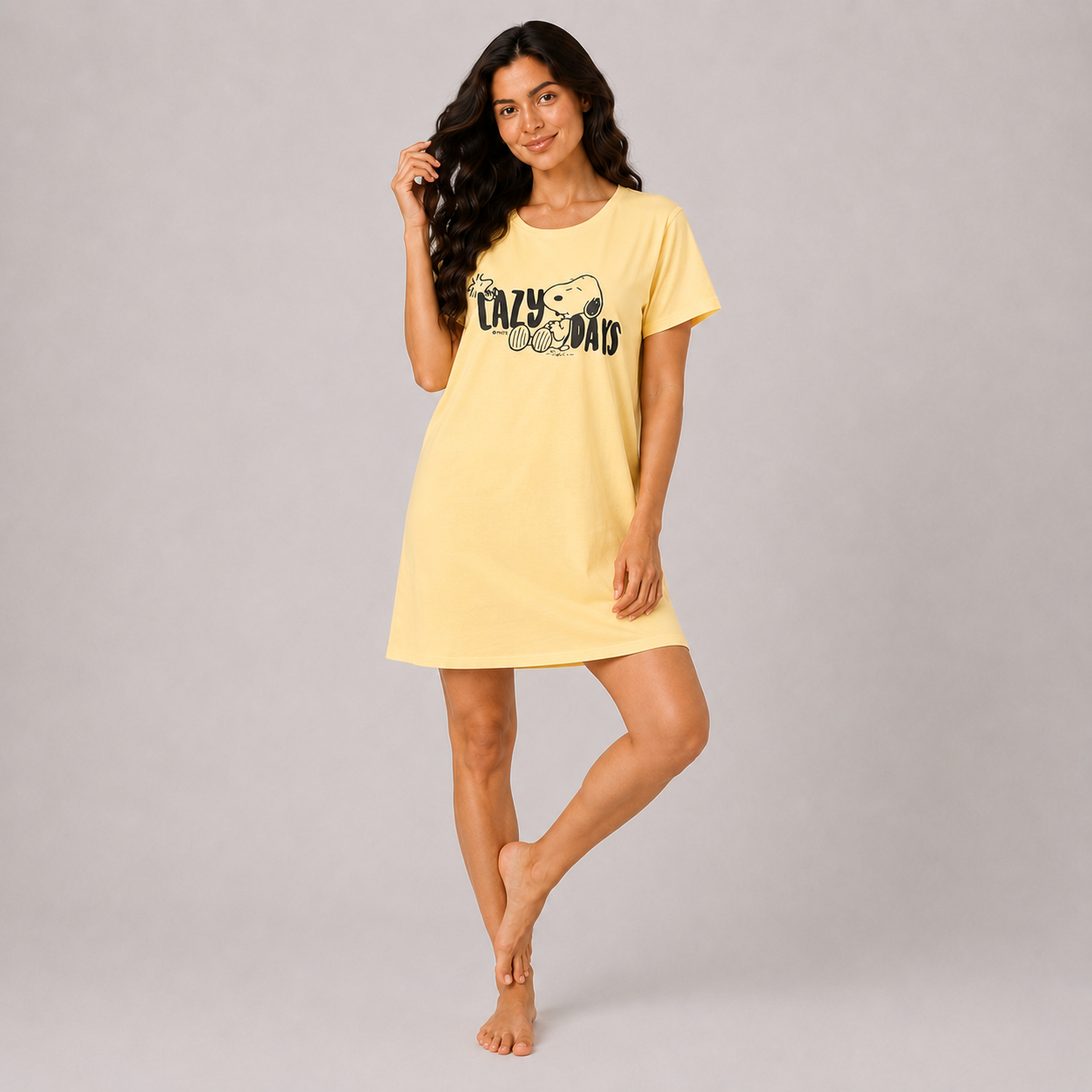 Women’s yellow printed short sleeve sleeping dress - view 2