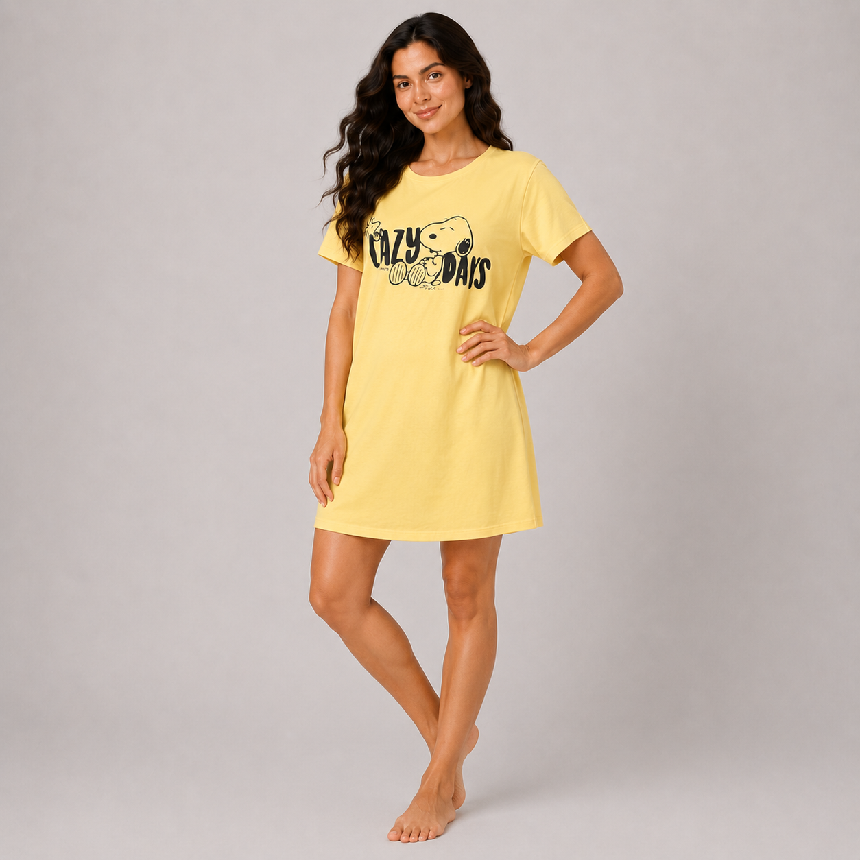 Women’s yellow printed short sleeve sleeping dress - view 3