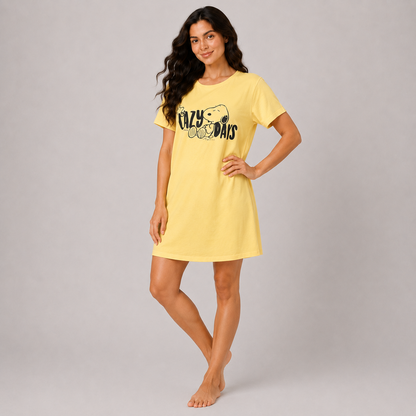 Women’s yellow printed short sleeve sleeping dress - view 3
