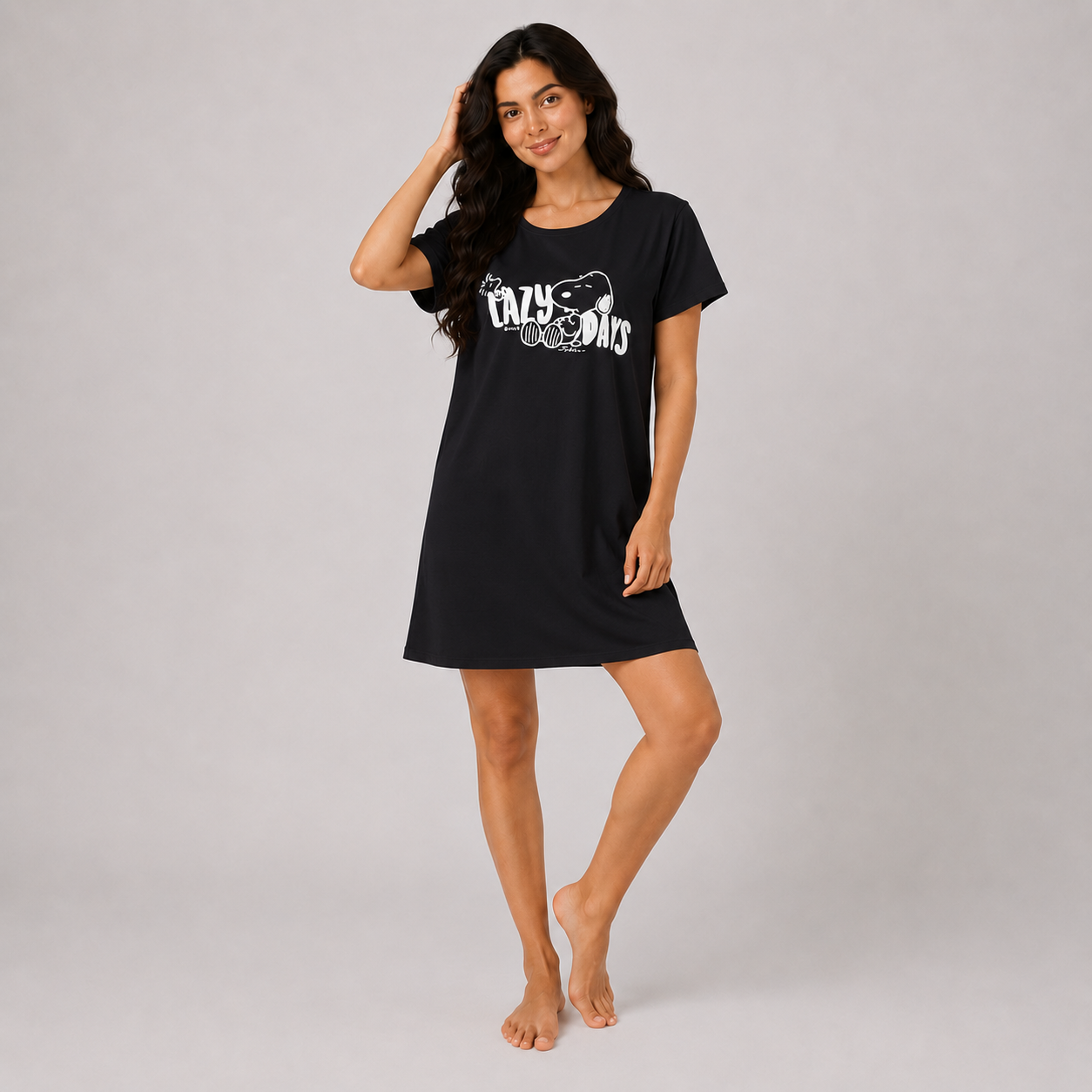 Women’s black printed short sleeve sleeping dress - view 1