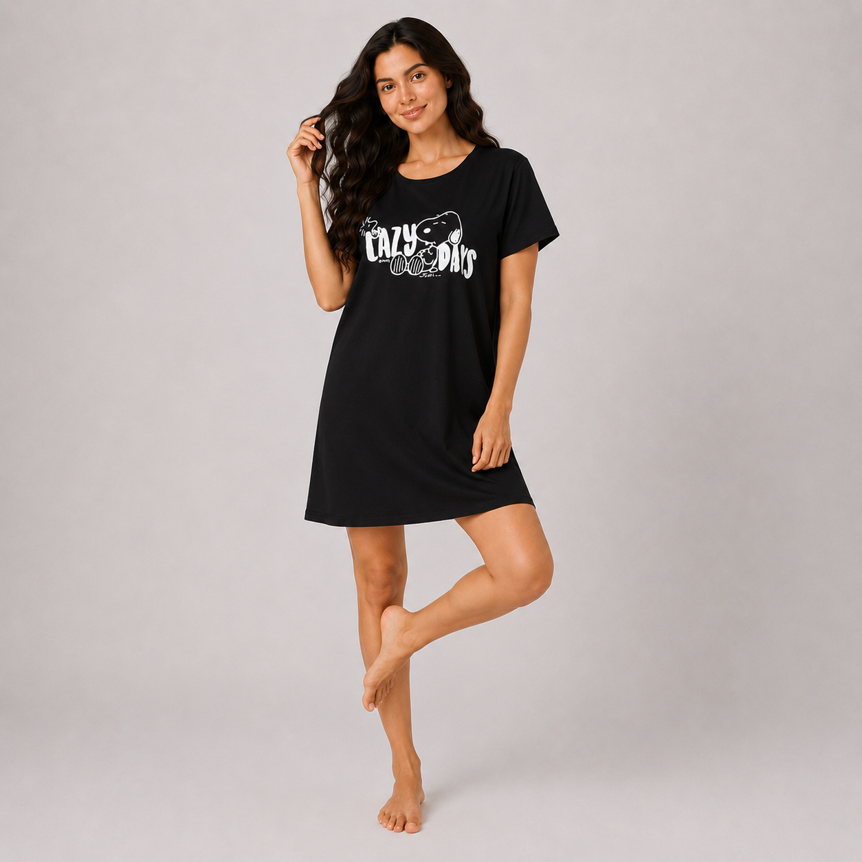 Women’s black printed short sleeve sleeping dress - view 2