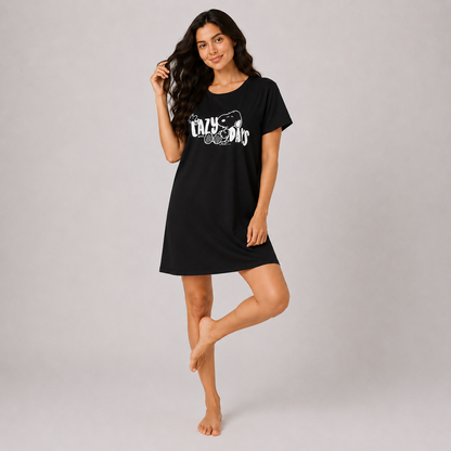 Women’s black printed short sleeve sleeping dress - view 2