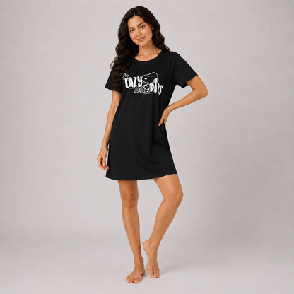 Women’s black printed short sleeve sleeping dress - view 3