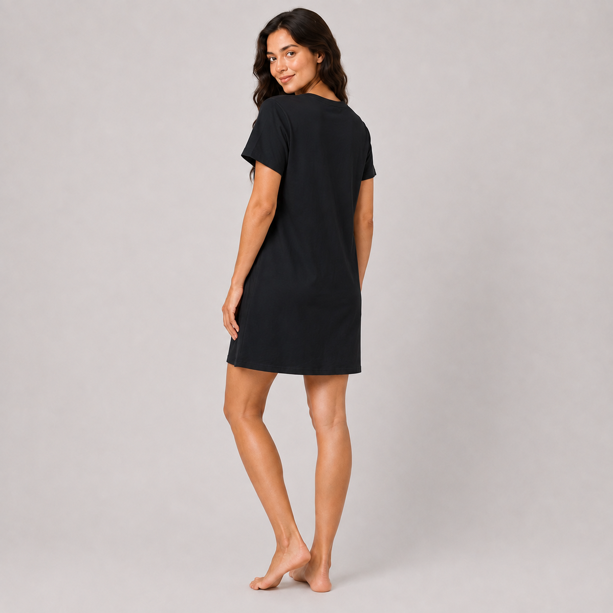 Women’s black printed short sleeve sleeping dress - view 4