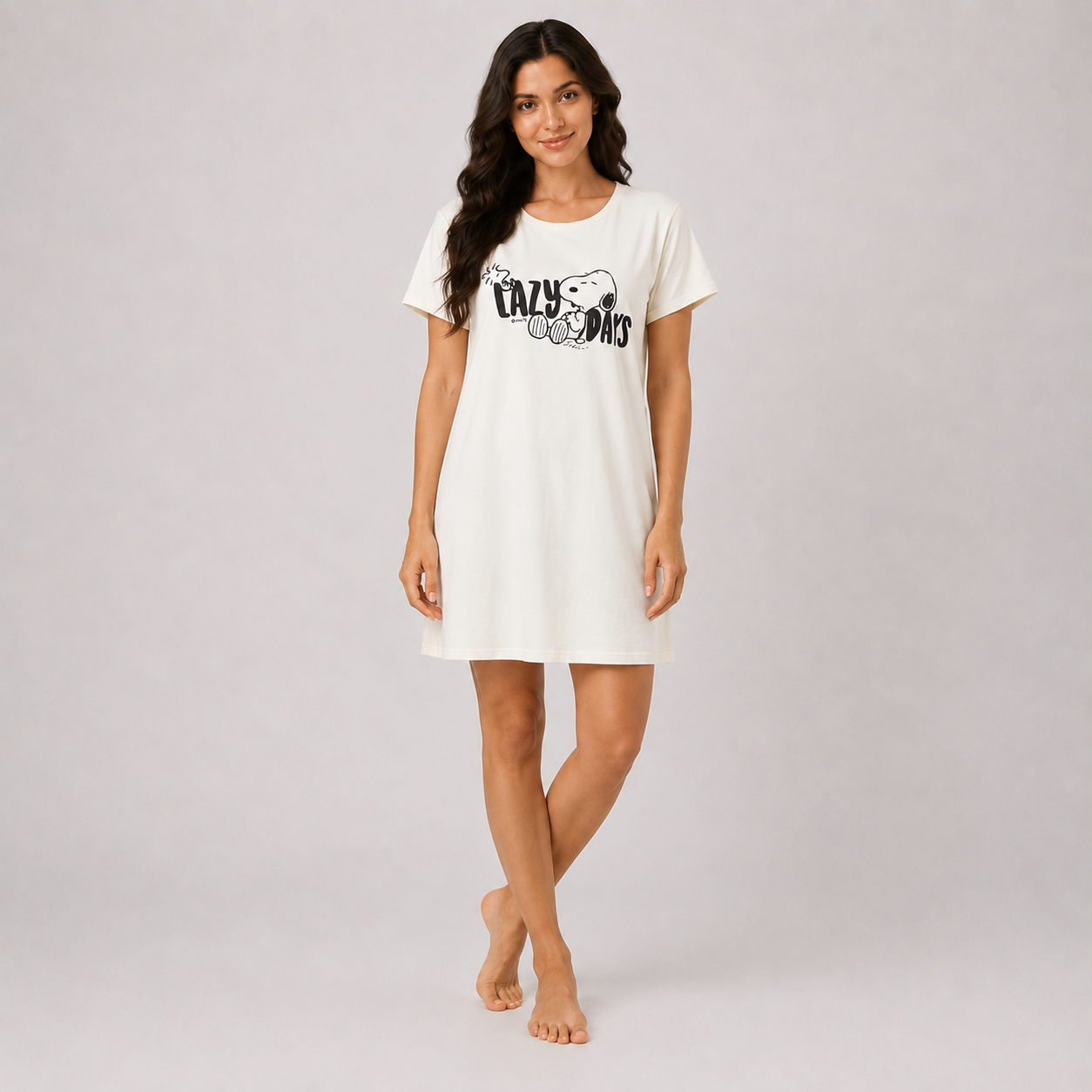 Women’s cream printed short sleeve sleeping dress - view 1