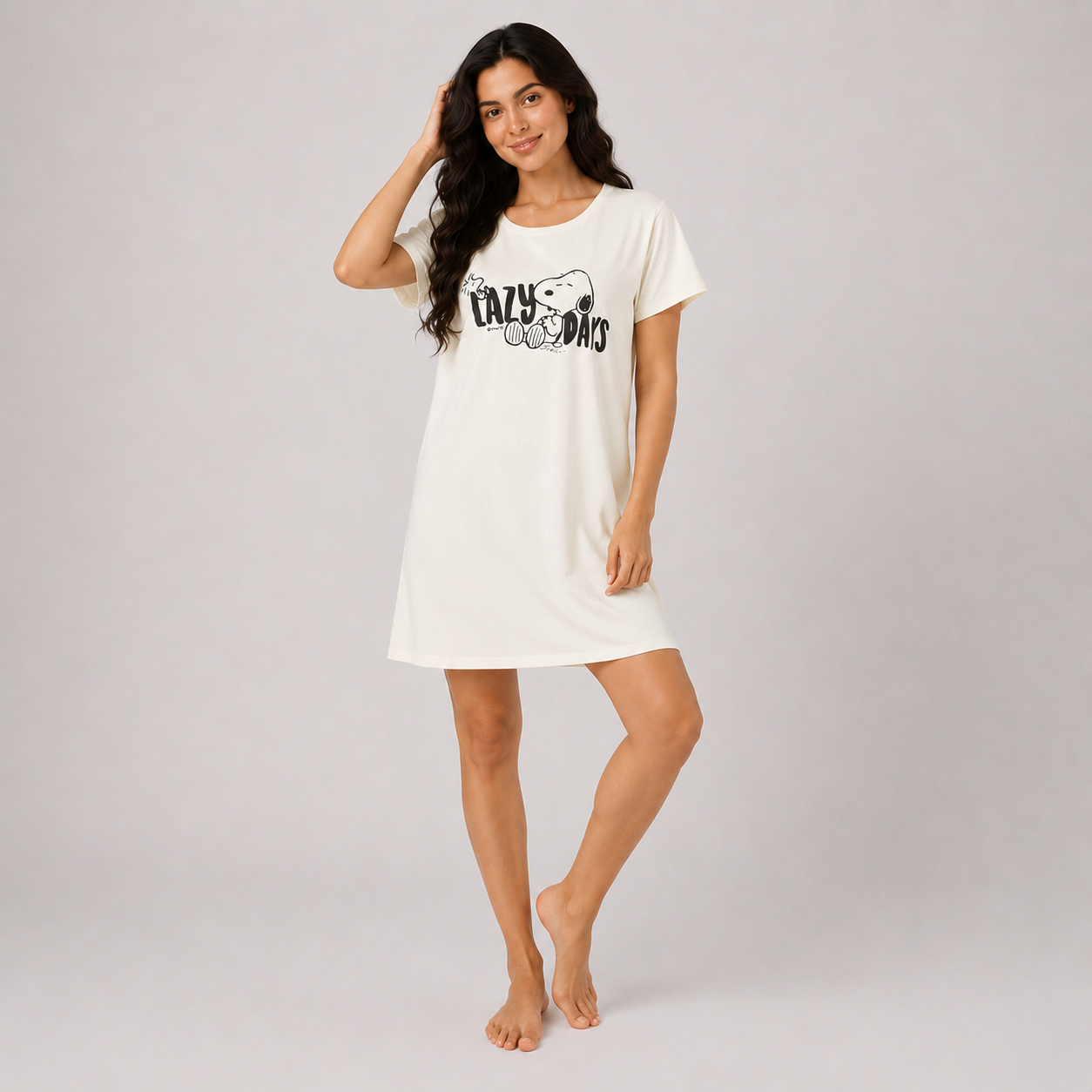 Women’s cream printed short sleeve sleeping dress - view 2