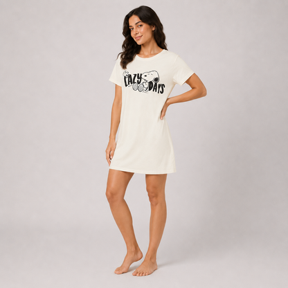 Women’s cream printed short sleeve sleeping dress - view 3